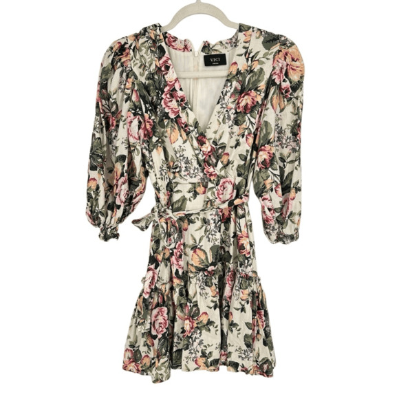 Vici Dresses & Skirts - VICI Womens Floral Mini Dress Size S Puff Sleeves Bridal Shower Party Linen Boho